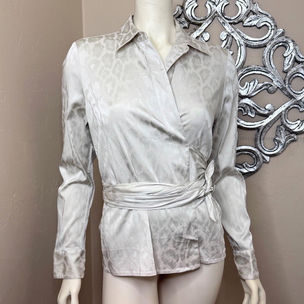 Vintage 90s Wrap Blouse Ann‎ Taylor Office Siren Leopard Print Long Sleeve